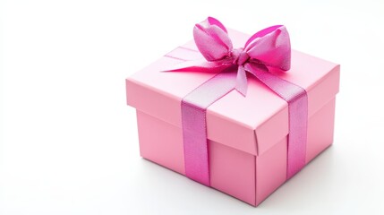 A vibrant pink gift box featuring a matching ribbon tied in a stylish bow sits on a clean white surface, ideal for birthdays or anniversaries. Perfect for adding joy to any celebration