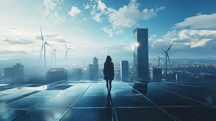 Woman standing on rooftop with wind turbines cityscape futuristic daytime inspirational