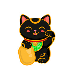 Traditional Maneki Neko black and gold, Japanese lucky cat. Kawaii mascot design, adorable vector logo and icon. High-quality illustration for branding and design.