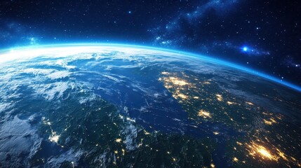 Fototapeta premium Earth is captured from a distance, showcasing illuminated cities along coastlines at night. The vast darkness of space surrounds the planet, adorned with bright stars