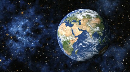 Obraz premium A view of Earth from space highlights the continents and oceans against a backdrop of stars. This breathtaking perspective captures the planet's beauty and vastness in the cosmos