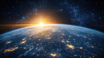 Obraz premium A breathtaking perspective of Earth as daylight breaks, illuminating cities with vibrant lights. The sun rises over the horizon, casting a warm glow against the dark expanse of space