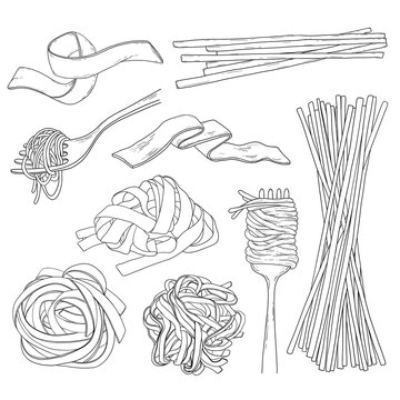 Hand drawn pasta set. Vintage spaghetti line art illustration