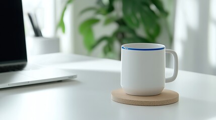 A mug on a wooden coaster and a computer on a table create a light-colored, serene and minimalist workspace. Harmony is created between simplicity and modernity.