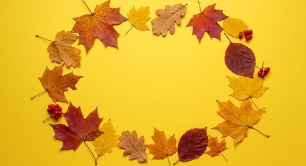 Obraz premium Autumn Leaf Wreath on Golden Yellow AI Generated