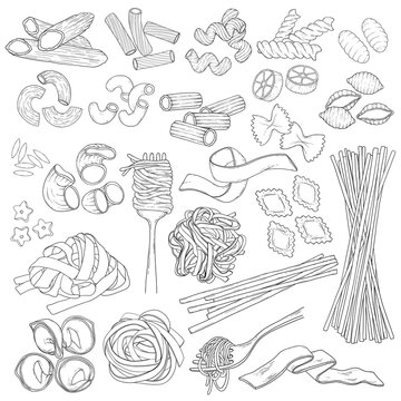 Hand drawn pasta set. Vintage spaghetti and macaroni line art illustration