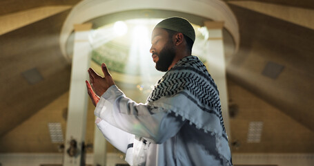 Muslim man, faith or prayer in mosque to worship for Palestine, help or gratitude to Allah in holy...