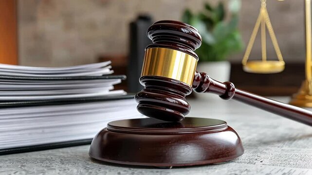 Close-Up of Law Gavel and Legal Scales in Courtroom Setting