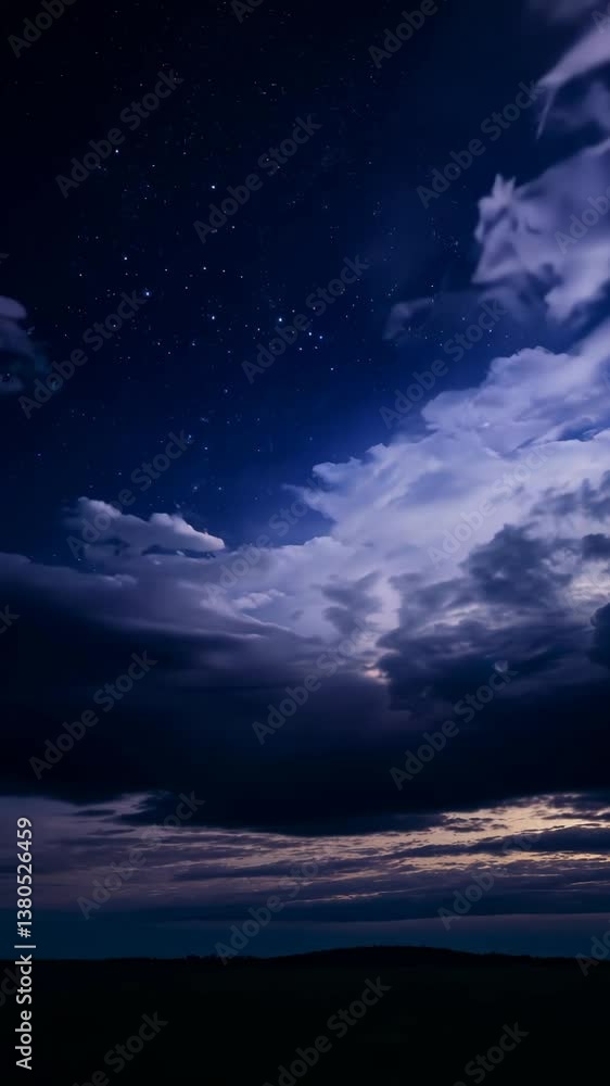 Poster the sky is dark blue with a few clouds. there are many stars in the sky. the stars are scattered thr