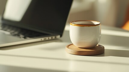 A mug on a wooden coaster and a computer on a table create a light-colored, serene and minimalist workspace. Harmony is created between simplicity and modernity.