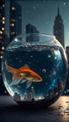 Goldfish in a fishbowl with galaxies stars and planets