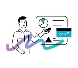 Set of illustrations people are holding a workshop. Workflow, growth, graphics. Business development, milestones, start-up. linear illustration Icons infographics. Landing page site print poster. Line