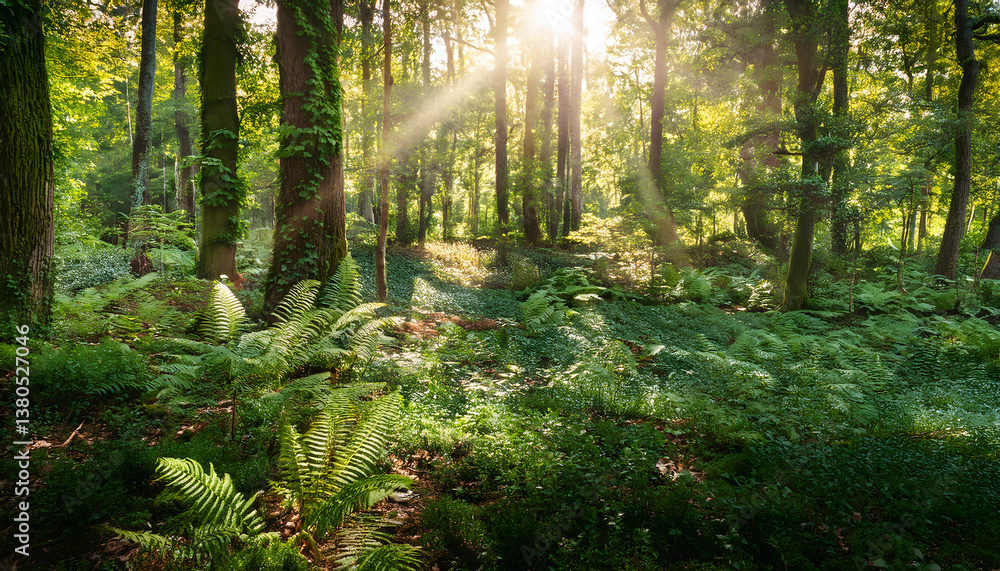 Poster sunlight filters through a dense forest, illuminating ferns and creating a serene, natural atmospher