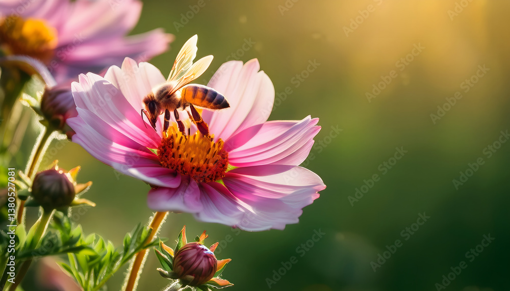 Poster a bee gathers nectar from a vibrant pink flower, surrounded by lush greenery and softly illuminated 
