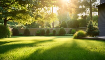 Obraz premium sunlight bathes a lush green lawn in the backyard creating a peaceful atmosphere perfect for relaxation and outdoor activities