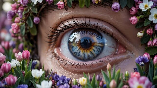 Detailed blue human eye looking, surrounded by colorful spring flowers representing nature and beauty