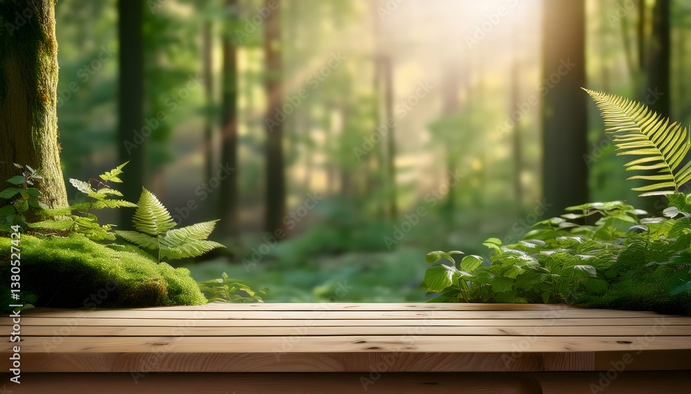 Aufkleber tranquil forest scene with sunlight filtering through trees, showcasing lush greenery and a wooden p