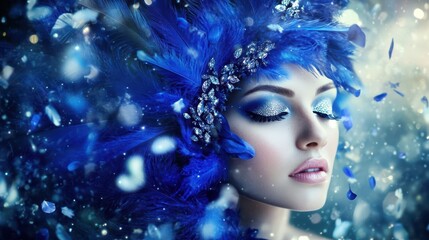 Enchanting Azure: A woman with captivating blue feathers and makeup, embodying elegance and tranquility, amidst a dreamlike haze of delicate particles.
