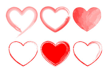 Red hearts drawn in different styles. Watercolor, freehand..White isolated background. The figure is suitable for a romantic theme.
