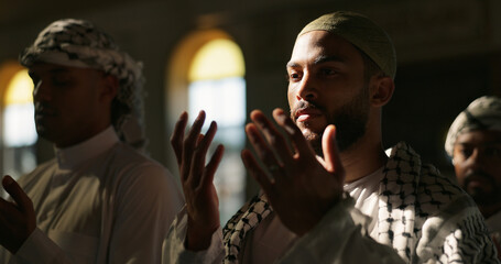 Muslim religion, mosque or man praying to worship for Palestine, gratitude or support to Allah in...