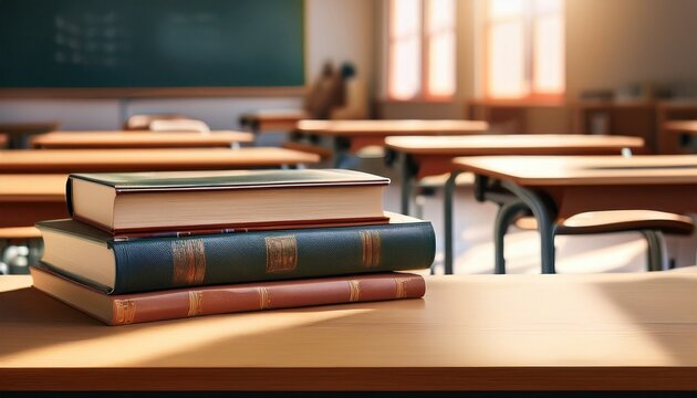 libros encima de un escritorio en un salon de clases