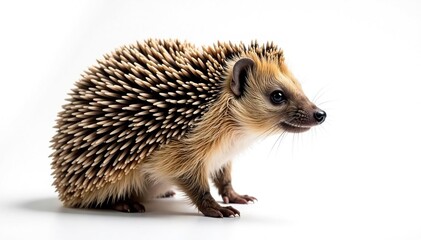 Brown hedgehog standing, facing left, white backdrop, visible spines, adorable, side view