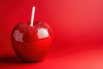 Obraz premium Glossy Red Candy Apple on Red Background Perfect for Sweet Treats and Festive Occasions