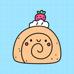 Kawaii cake roll isolated on a blue background. Vector hand-drawn illustration in doodle style. Cute character. Perfect for cards, decorations, stickers, logo, menu, various designs.