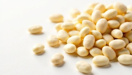 Close-up of creamy white beans against a stark white backdrop, vegetarian, nutrition, minimalist
