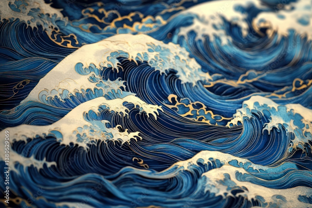 Poster dynamic flow of ocean waves in rich blue tones and intricate wave patterns