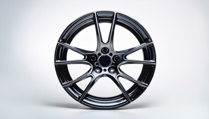 Obraz premium black alloy wheel rim with modern design on a white background