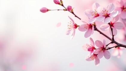 Delicate pink sakura blossoms, scattered across a soft white background , cherry tree, romantic