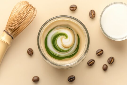 Swirling green and cream design in coffee cup with whisk and bea