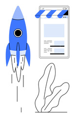 Blue rocket launching beside a webpage with awning detail and abstract plant. Ideal for startup, innovation, growth, launch, business, technology, online marketing. Flat simple metaphor