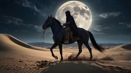An ancient desert warrior riding his black Arabian stallion under the moonlit sky. The stars shine brightly above, Generative Ai