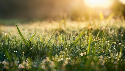 close up of dewdrops on lush green grass in soft morning light
