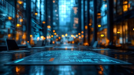 Futuristic cityscape with floating business liability data display