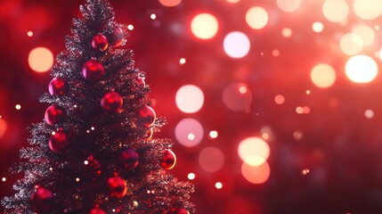 A Christmas tree adorned with red ornaments stands against a backdrop of festive lights