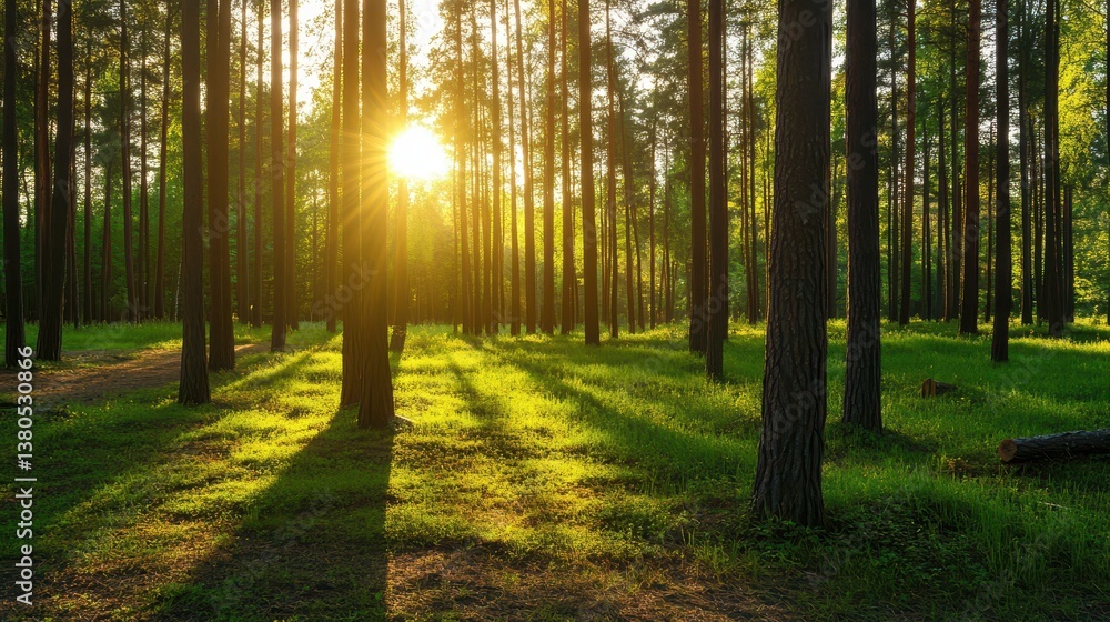 Poster sunlight streams through the towering trees, casting long shadows on the lush green grass in a tranq