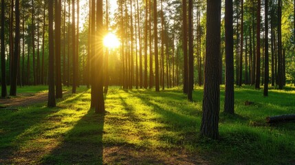 Fototapeta premium Sunlight streams through the towering trees, casting long shadows on the lush green grass in a tranquil forest as evening approaches, creating a peaceful atmosphere