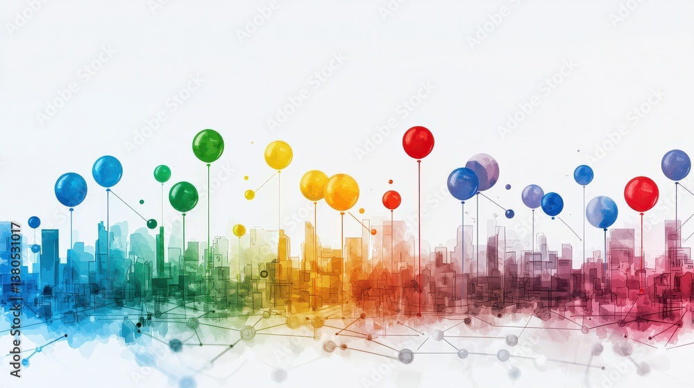 Canvas Prints a colorful cityscape with many balloons in the sky. the balloons are of different colors and sizes