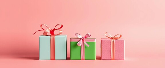 Simple background of three colorful gift boxes, minimal composition, festive, packaging
