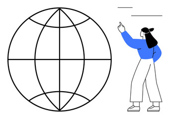 Woman in casual outfit gestures toward a globe grid and lines, suggesting focus on global communication, innovation, education, technology, teamwork, connection, strategy. Flat simple metaphor