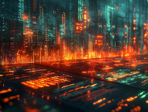 Futuristic digital cityscape with vibrant financial data visualization