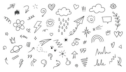 Hand drawn doodle arrows, clouds, rain, lightning, hearts, arrows, heart, arrow. Vector illustration for your design