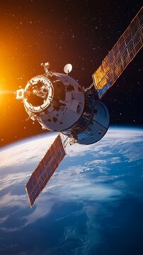 Realistic satellite orbiting above Earth during sunrise, symbolic of cosmos exploration and world space observance