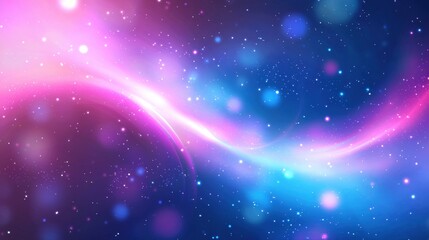 A vibrant abstract image featuring flowing waves of pink and blue hues, with sparkling particles creating a dreamy cosmic atmosphere.