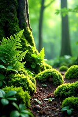 Forest floor foliage with moss and ferns isolated on white background, botanical, green, forest floor