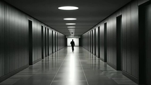 Shadowy Figure Approaching Down a Dimly Lit Hallway, Intriguing Scene