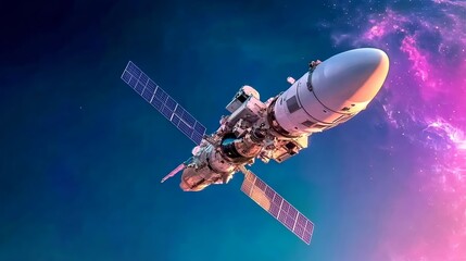 Fototapeta premium Realistic view of a spacecraft floating in space against a vibrant galaxy background, symbolizing human progress and celebration of Space Day, synth wave style vibrant photo